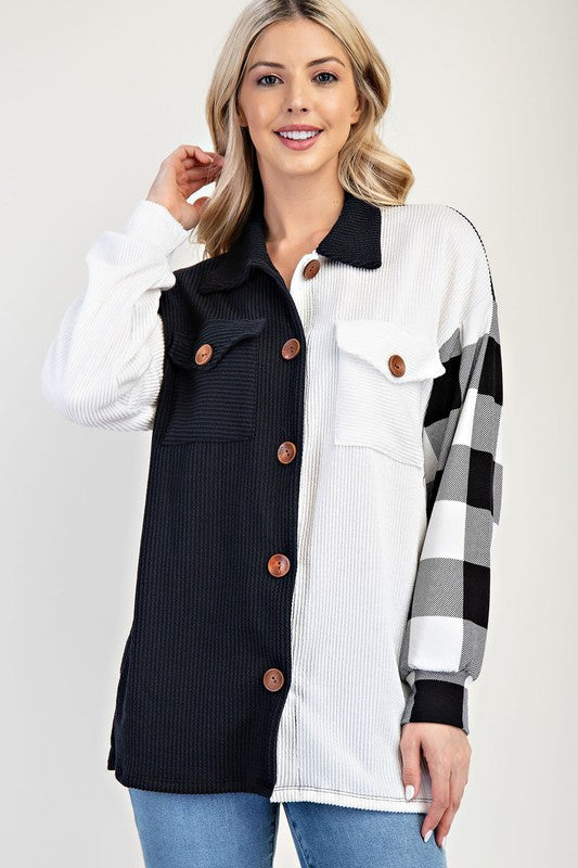 Celeste Full Size Plaid Contrast Button Up Shacket - Brittney MADE