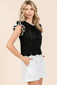 Mittoshop Openwork Contrast Trim Ruffled Cap Sleeve Knit Top - Brittney MADE