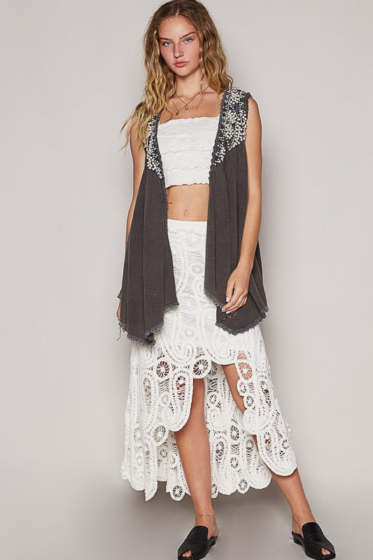 POL Embroidered Pearls Open Front Sleeveless Cardigan - Brittney MADE