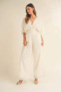 MABLE Fluffy Deep V Neck Wide Leg Jumpsuit - Brittney MADE