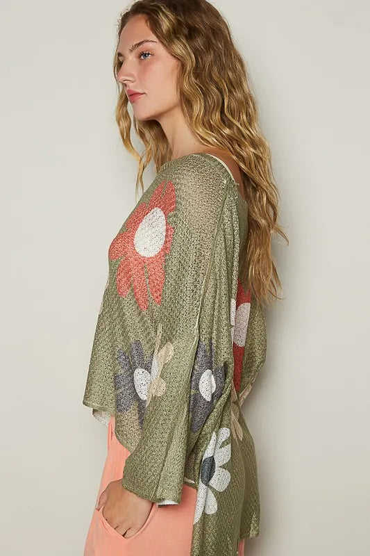 POL Flower Dropped Shoulder Long Sleeve Knit Top - Brittney MADE