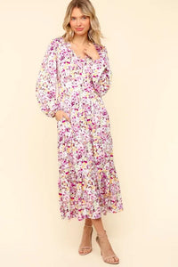 Haptics Full Size Floral V-Neck Long Sleeve Dress with Side Pockets - Brittney MADE