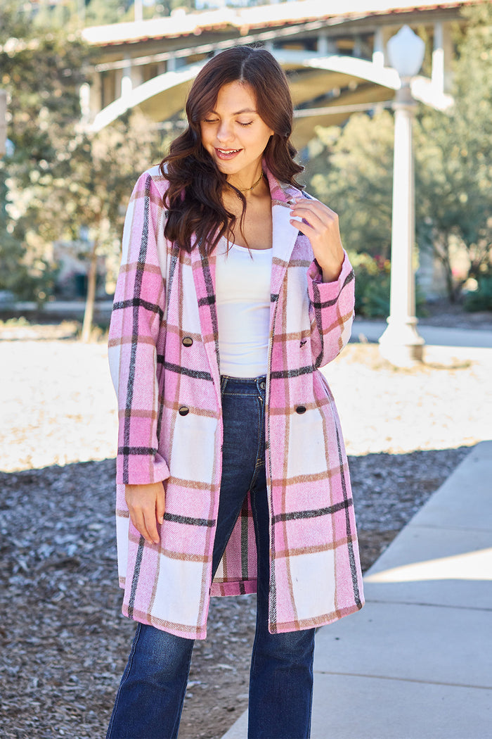 Double Take Full Size Plaid Button Up Lapel Collar Coat - Brittney MADE