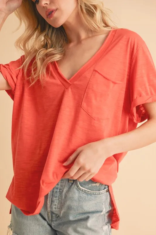 Aemi + Co Side Slit V-Neck Short Rolled Sleeve T-Shirt - Brittney MADE