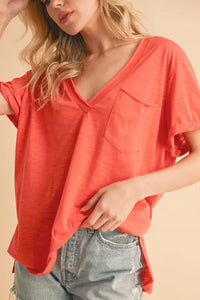 Aemi + Co Side Slit V-Neck Short Rolled Sleeve T-Shirt - Brittney MADE