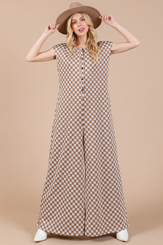 Ces Femme Checkered Half Button Cap Sleeve Jumpsuit - Brittney MADE