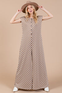Ces Femme Checkered Half Button Cap Sleeve Jumpsuit - Brittney MADE
