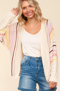 Haptics Full Size Striped Crochet Open Front Cardigan - Brittney MADE
