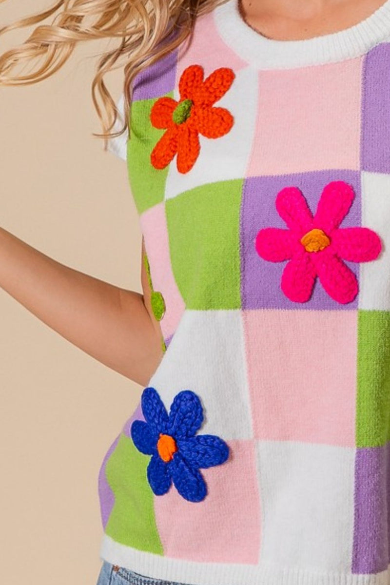 BiBi Flower Patch Checkered Sweater Vest - Brittney MADE