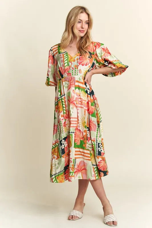 ADORA Floral V-Neck Puff Sleeve Midi Dress - Brittney MADE