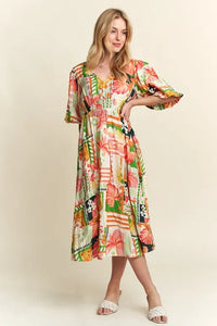 ADORA Floral V-Neck Puff Sleeve Midi Dress - Brittney MADE