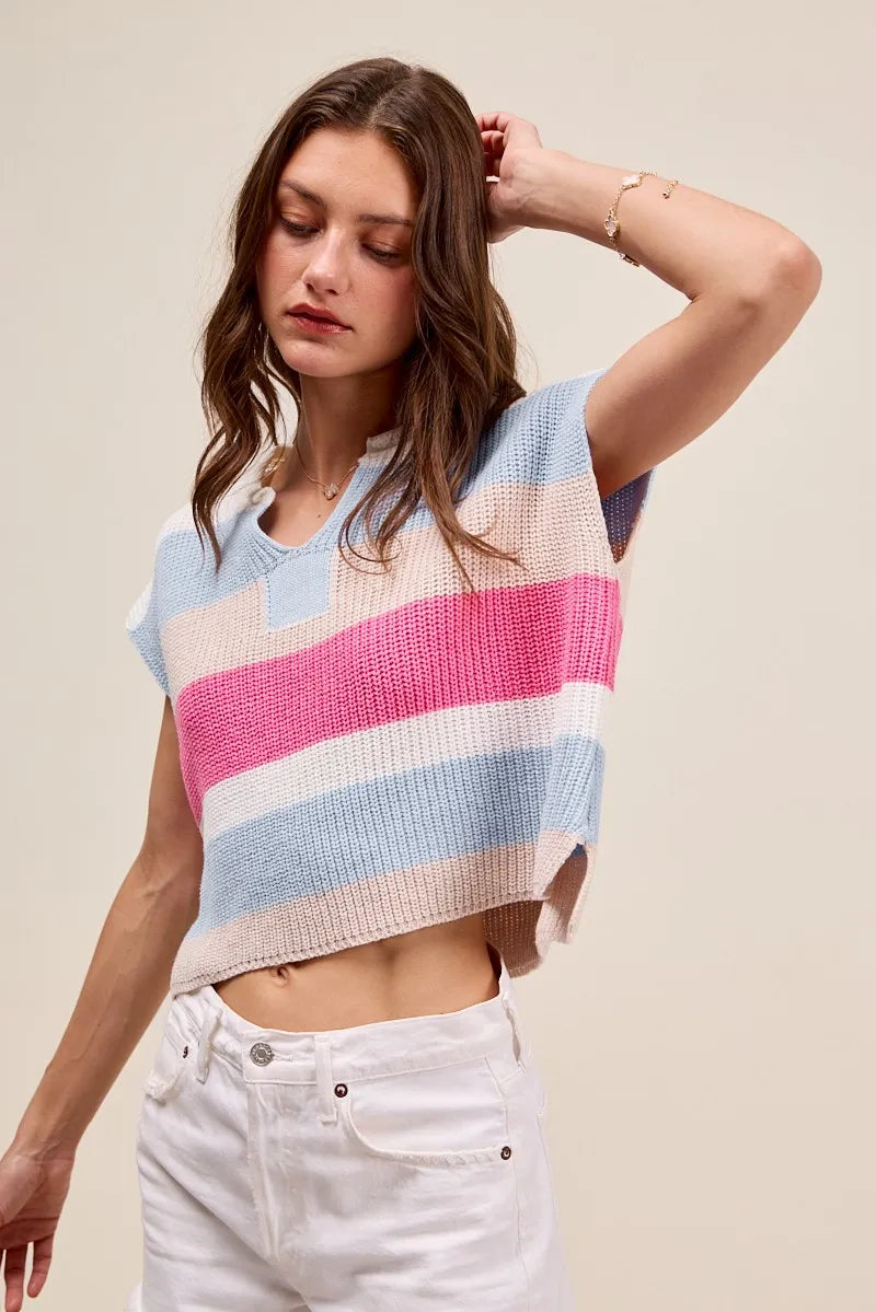 SO ME Multi Color Stripe Loose Fit Cap Sleeve Sweater Top - Brittney MADE