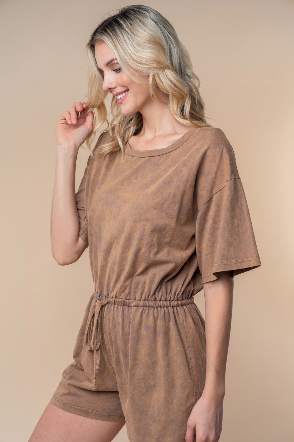 White Birch Full Size Short Sleeve Drawstring Romper - Brittney MADE