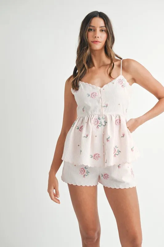 MABLE Stripe Embroidered Peplum Cami and Shorts Set - Brittney MADE