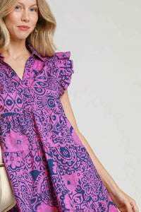 Umgee Full Size Printed Ruffle Cap Sleeve Babydoll Dress Plus Size - Brittney MADE