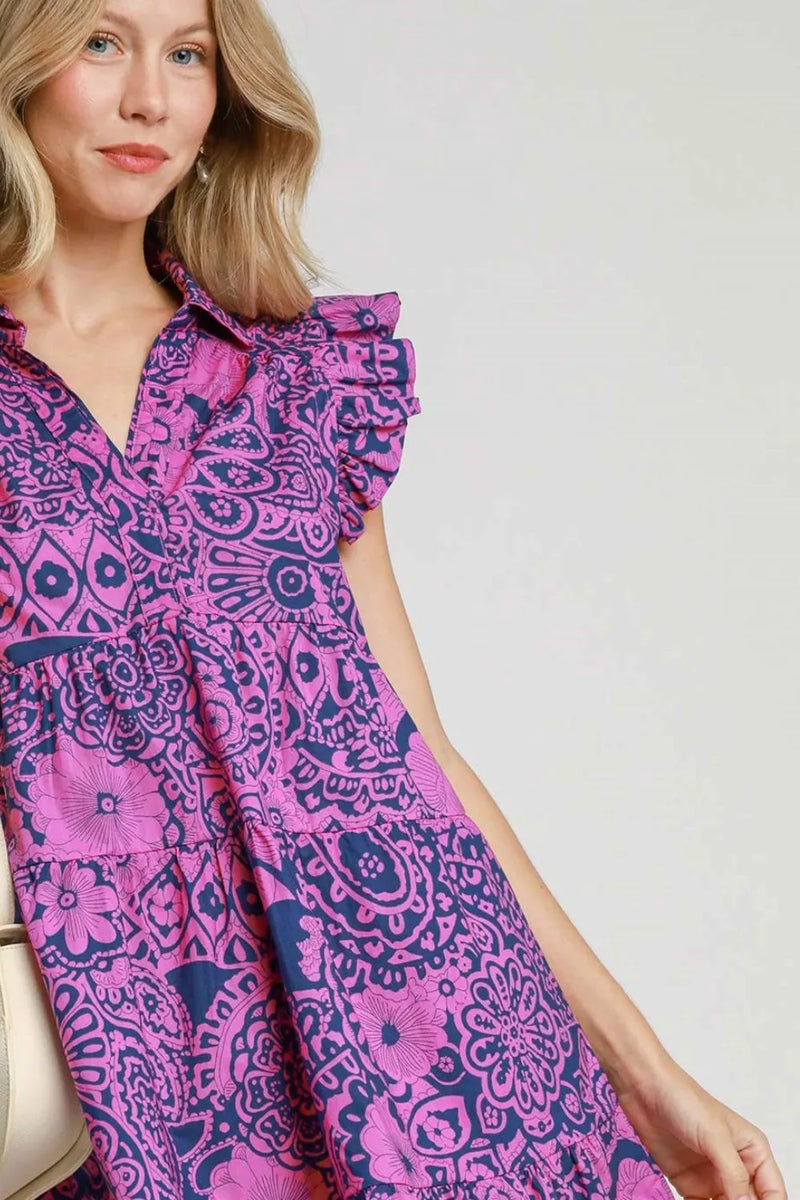 Umgee Full Size Printed Ruffle Cap Sleeve Babydoll Dress Plus Size - Brittney MADE