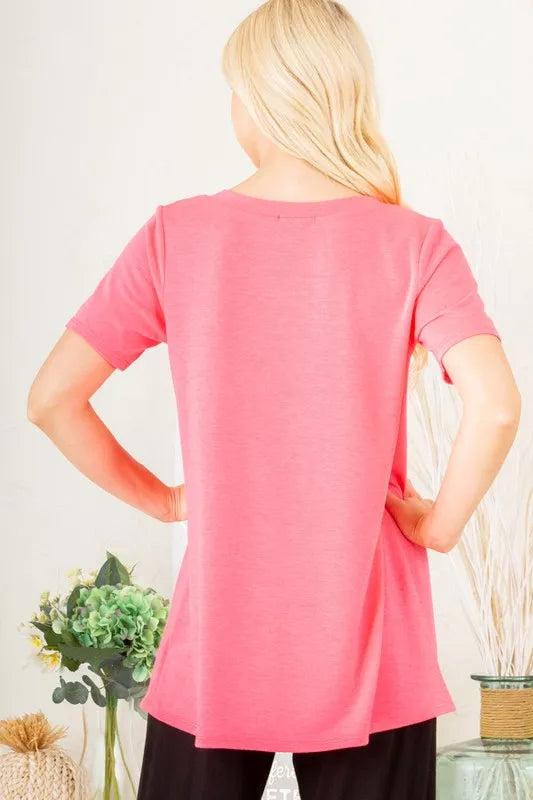 Heimish Full Size V-Neck Short Sleeve T-Shirt with Bar Detail Plus Size - Brittney MADE