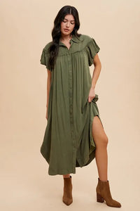 Annie Wear Mineral Washed Button Down Puff Sleeve Shirt Dress - Brittney MADE