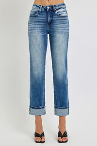 RISEN Full Size High Rise Crop Straight Roll Up Jeans - Brittney MADE