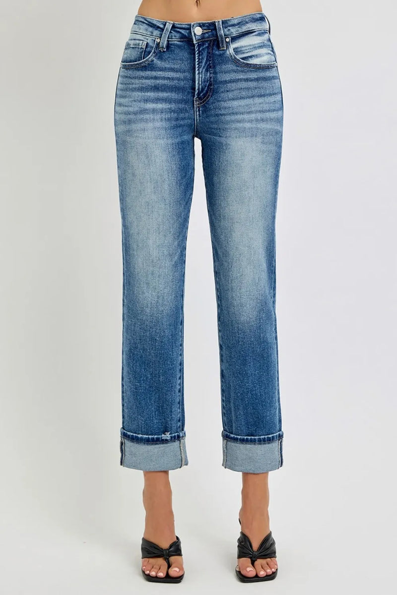 RISEN Full Size High Rise Crop Straight Roll Up Jeans - Brittney MADE