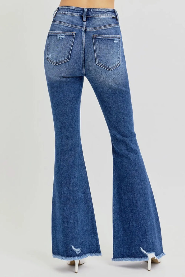 RISEN Full Size High Rise Distressed Raw Hem Flare Jeans - Brittney MADE