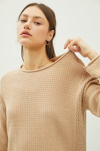 Be Cool Rolled Openwork Round Neck Sweater - Brittney MADE