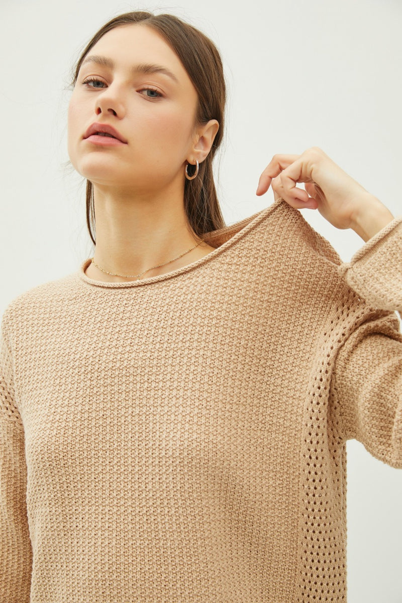 Be Cool Rolled Openwork Round Neck Sweater - Brittney MADE