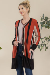Celeste Full Size Striped Button Up Long Sleeve Cardigan Plus Size - Brittney MADE