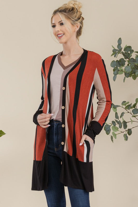 Celeste Full Size Striped Button Up Long Sleeve Cardigan Plus Size - Brittney MADE