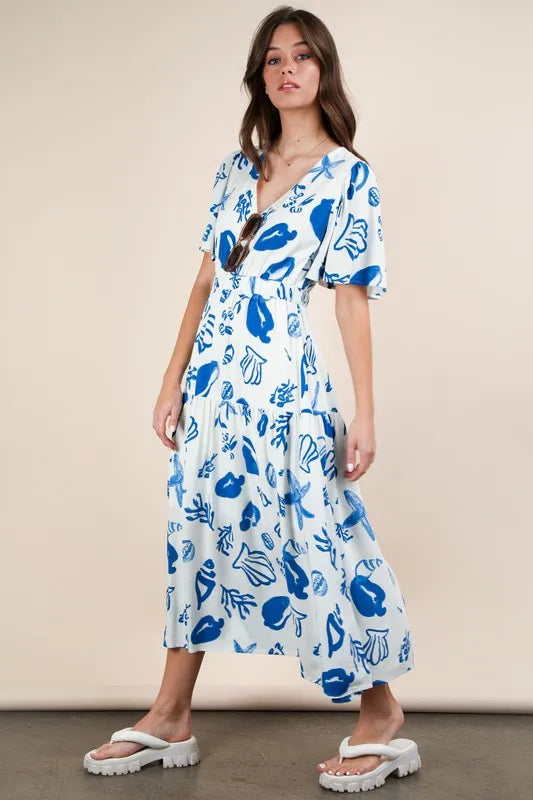 VERY J Printed V-Neck Resort Midi Dress - Brittney MADE