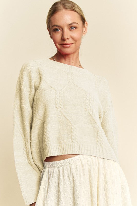 Davi & Dani Diamond Cable Pattern Drop Shoulder Sweater - Brittney MADE
