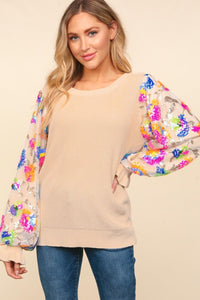 Haptics Floral Sequins Mesh Flounce Sleeve Sweater - Brittney MADE