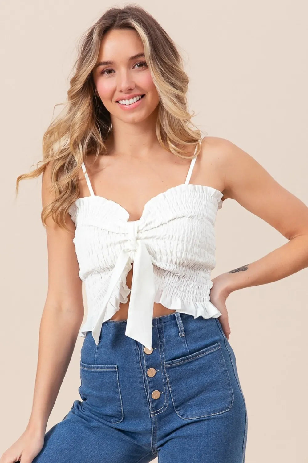 BiBi Ruffled Smocked Ribbon Detail Cami - Brittney MADE