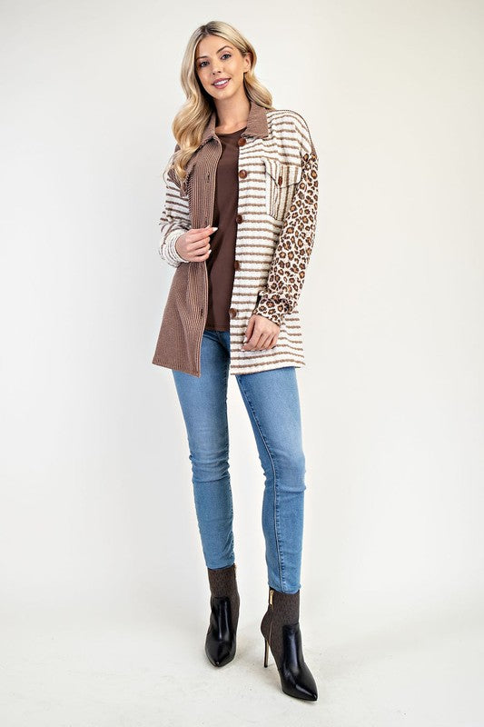 Celeste Full Size Leopard Contrast Button Up Shacket - Brittney MADE