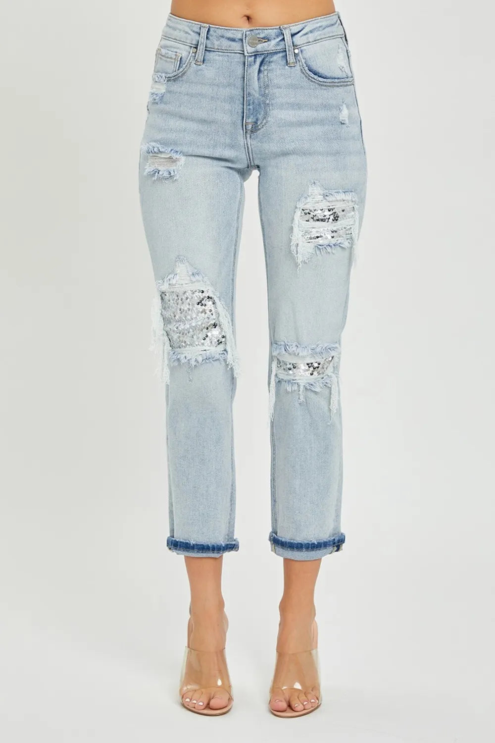 RISEN Mid-Rise Sequin Patched Jeans - Brittney MADE