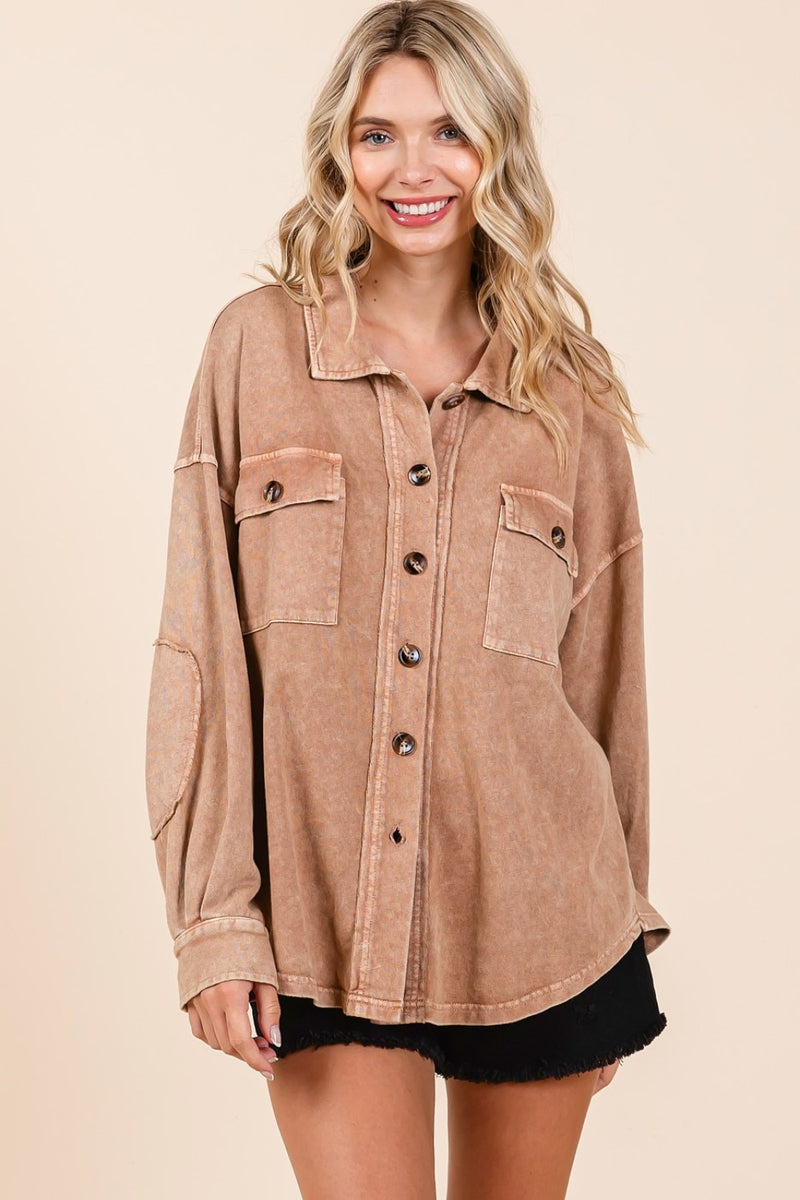 Mittoshop Mineral Wash French Terry Elbow Patch Shacket - Brittney MADE