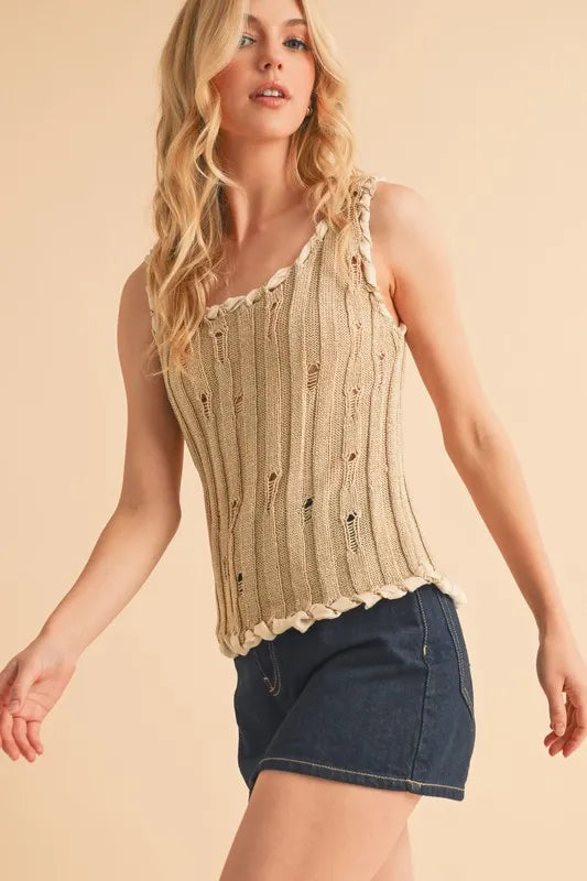 Aemi+Co Distressed Detail Round Neck Knit Tank - Brittney MADE