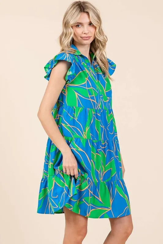 Mittoshop Leaf Print Ruffle Sleeve Tiered Mini Dress - Brittney MADE