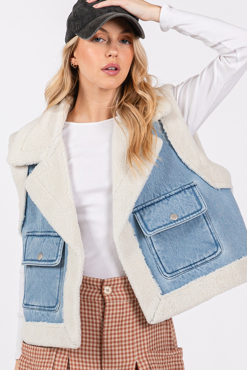 SAGE + FIG Pocketed Collared Neck Sherpa Vest - Brittney MADE
