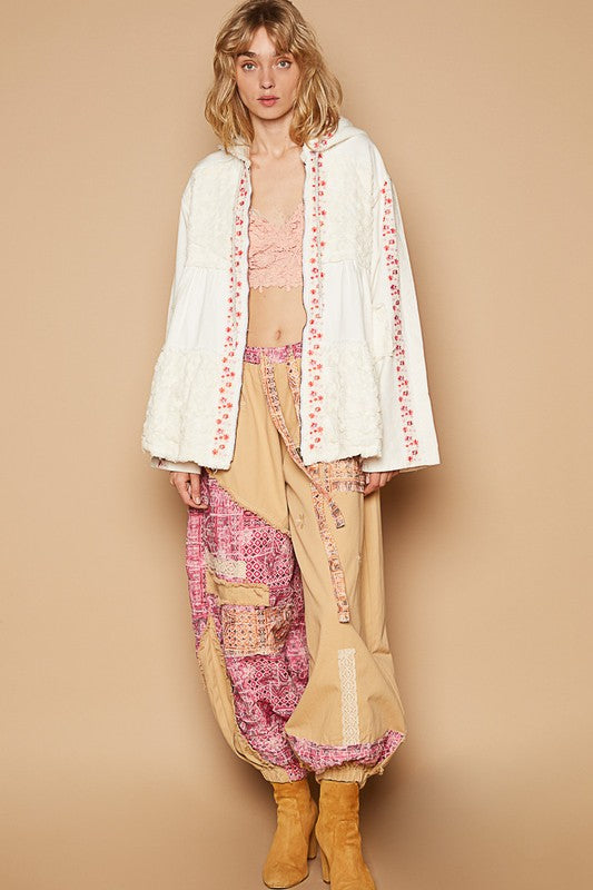 POL Embroidered Lace Patch Zip Up Hooded Jacket - Brittney MADE