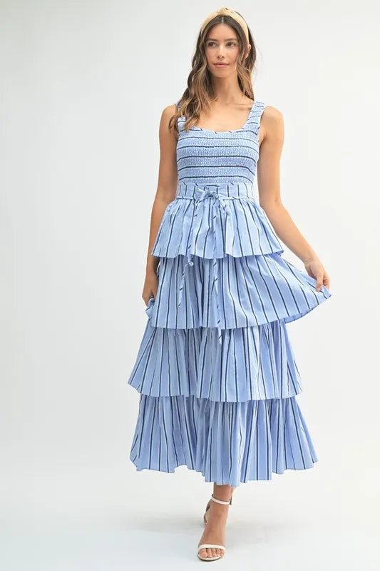 MABLE Pin Stripe Smocked Bodice Layered Midi Dress - Brittney MADE