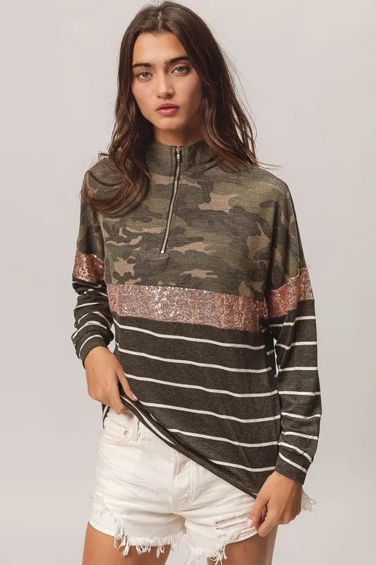 BiBi Camouflage French Terry Knit Top - Brittney MADE