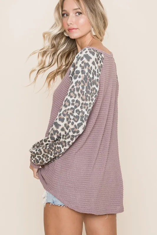 BiBi Popcorn Waffle Leopard Long Sleeve Knit Top - Brittney MADE