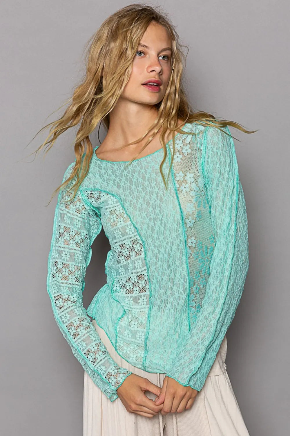 POL Exposed Seam Long Sleeve Lace Knit Top - Brittney MADE