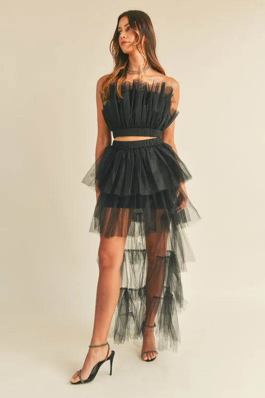 MABLE Tulle Tube Ruffle Crop Top and High Low Maxi Skirt Set - Brittney MADE