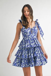 MABLE Floral Print Shoulder Tie Layered Mini Dress - Brittney MADE