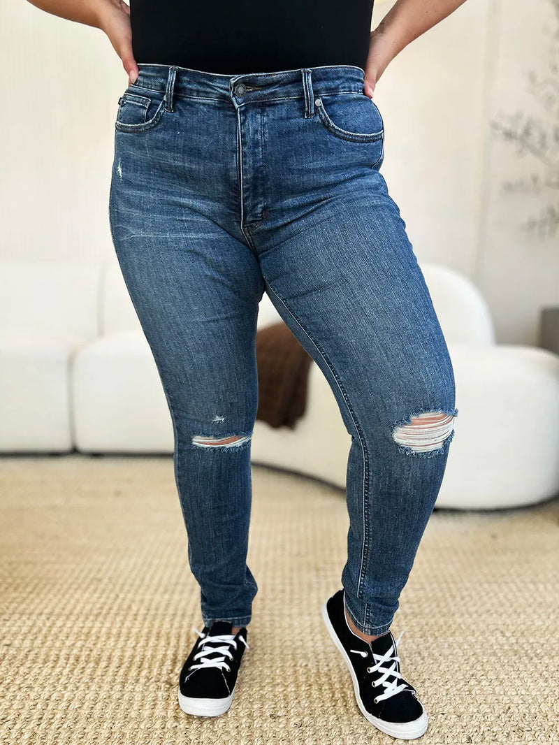 Judy Blue Full Size Mid Waist Distressed Slim Jeans - Brittney MADE