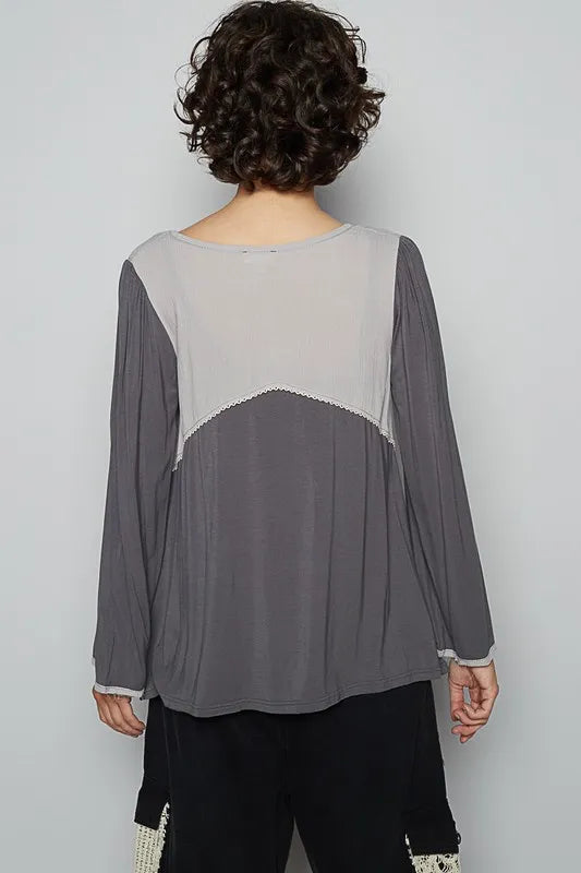 POL Contrast Button Front Long Sleeve Knit Top - Brittney MADE
