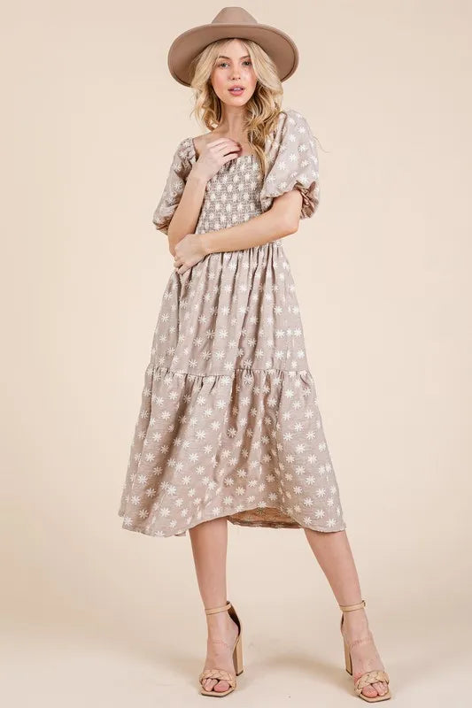 GeeGee Floral Embroidered Smocked Puff Sleeve Tiered Midi Dress - Brittney MADE