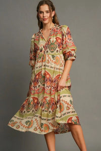 Umgee Full Size Tiered Border Print Midi Dress Plus Size - Brittney MADE